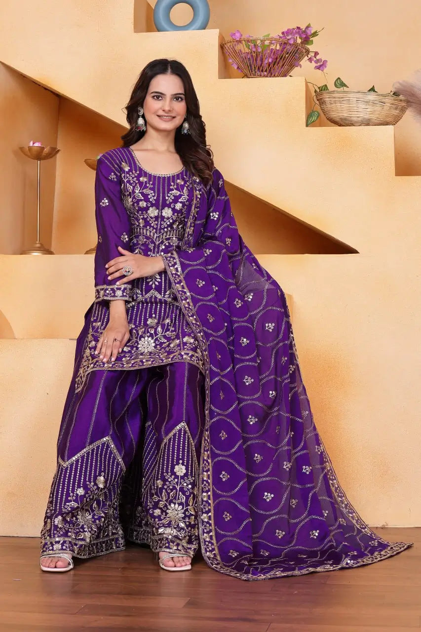 Embroidered Chinon Kurta Sharara Set