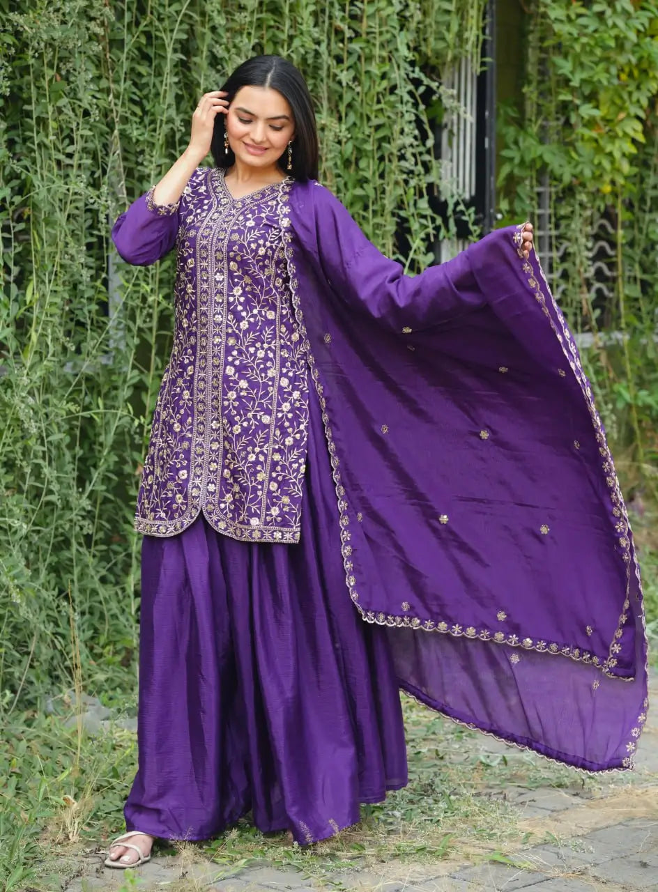 Embroidered Chinon Kurta Sharara Set