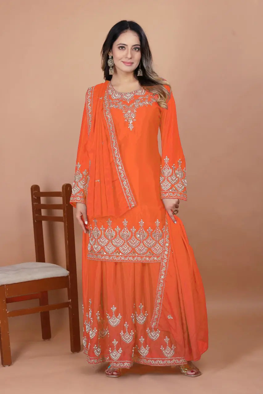 Embroidered Chinon Kurta Sharara Set