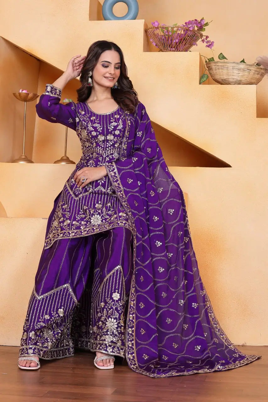 Embroidered Chinon Kurta Sharara Set