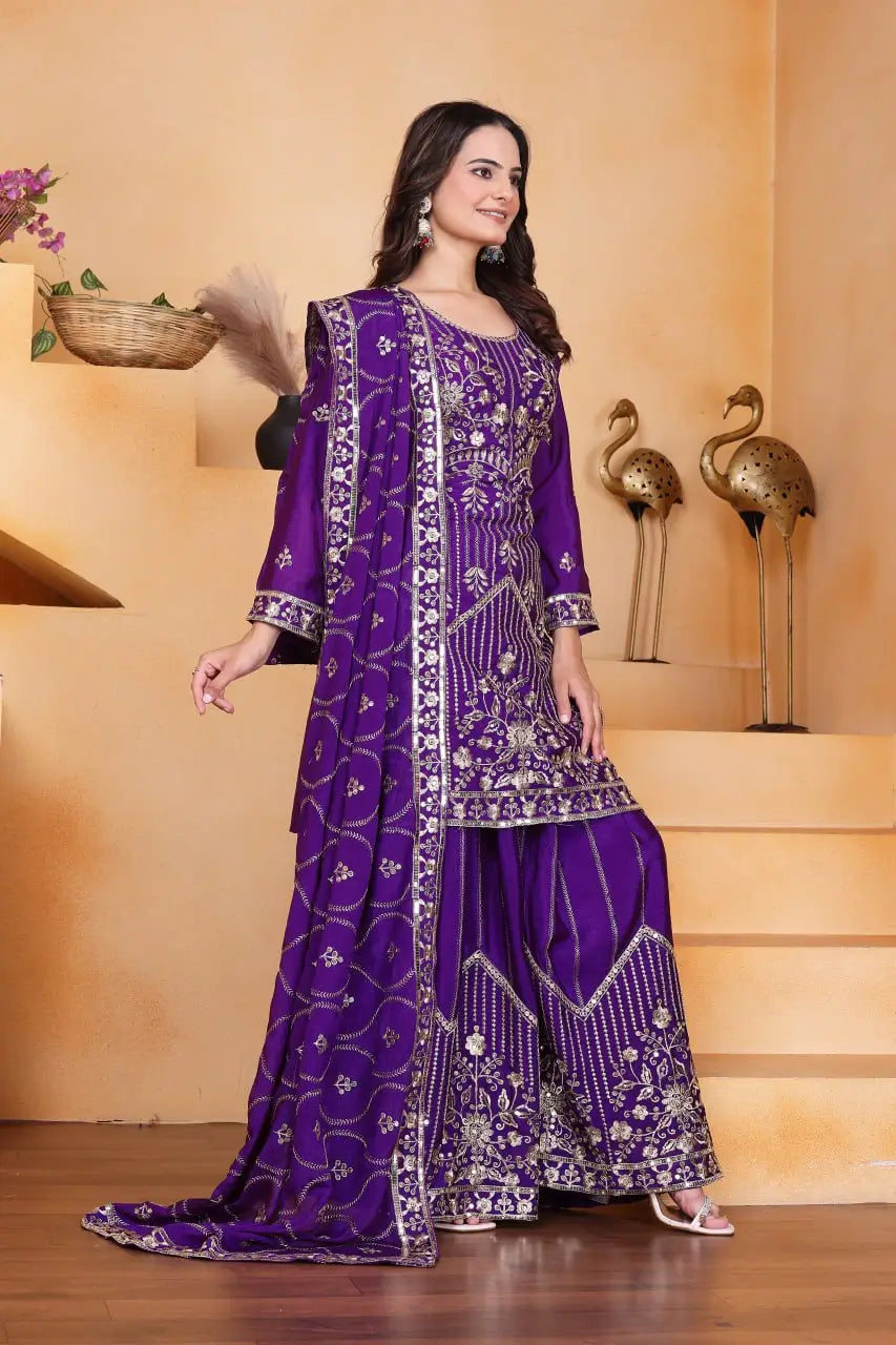 Embroidered Chinon Kurta Sharara Set