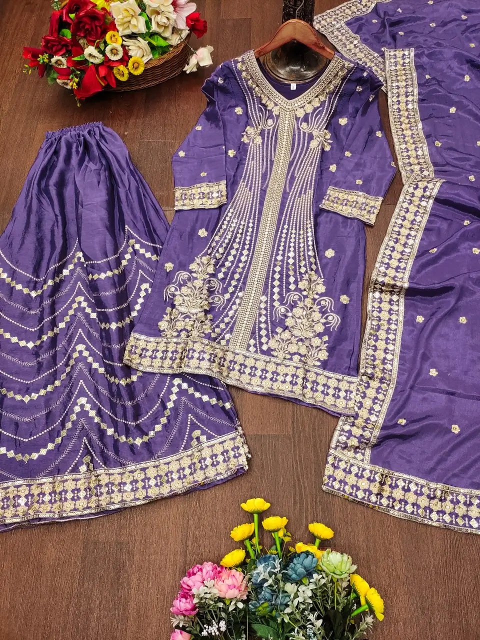 Embroidered Chinon Kurta Sharara Set