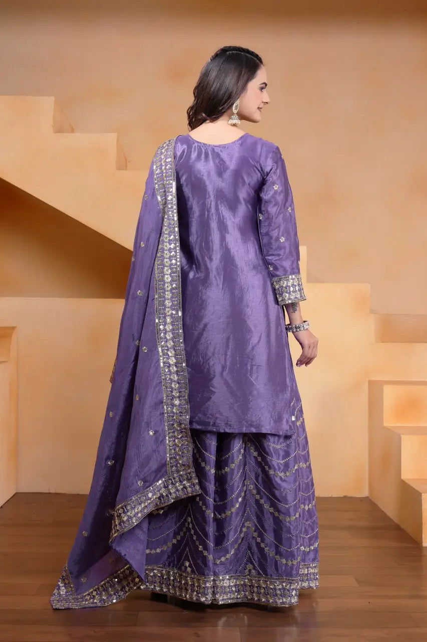 Embroidered Chinon Kurta Sharara Set