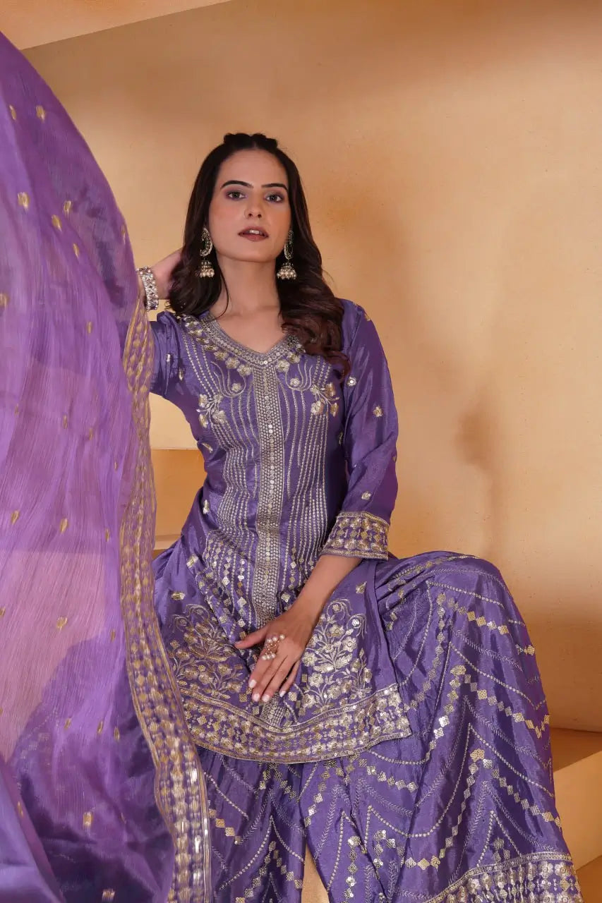 Embroidered Chinon Kurta Sharara Set