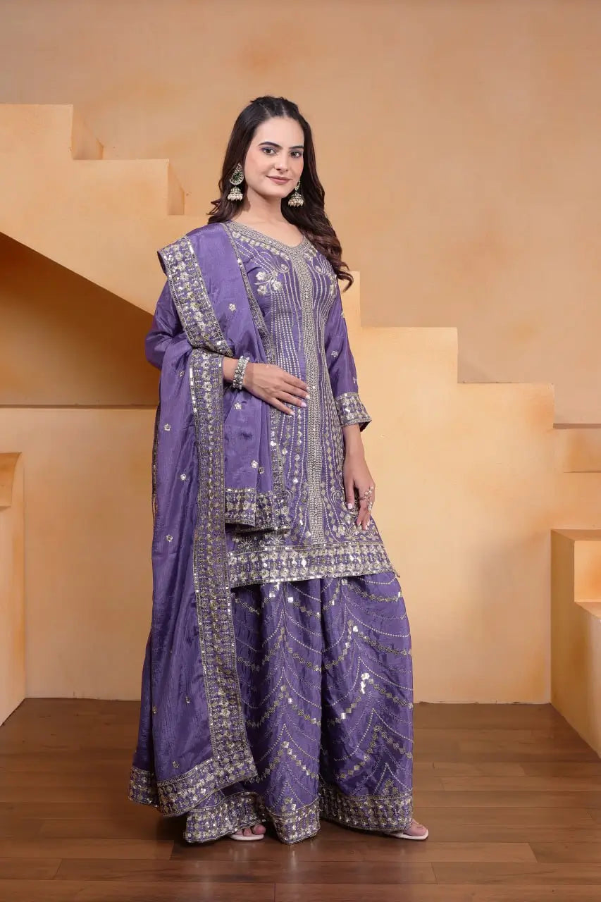 Embroidered Chinon Kurta Sharara Set