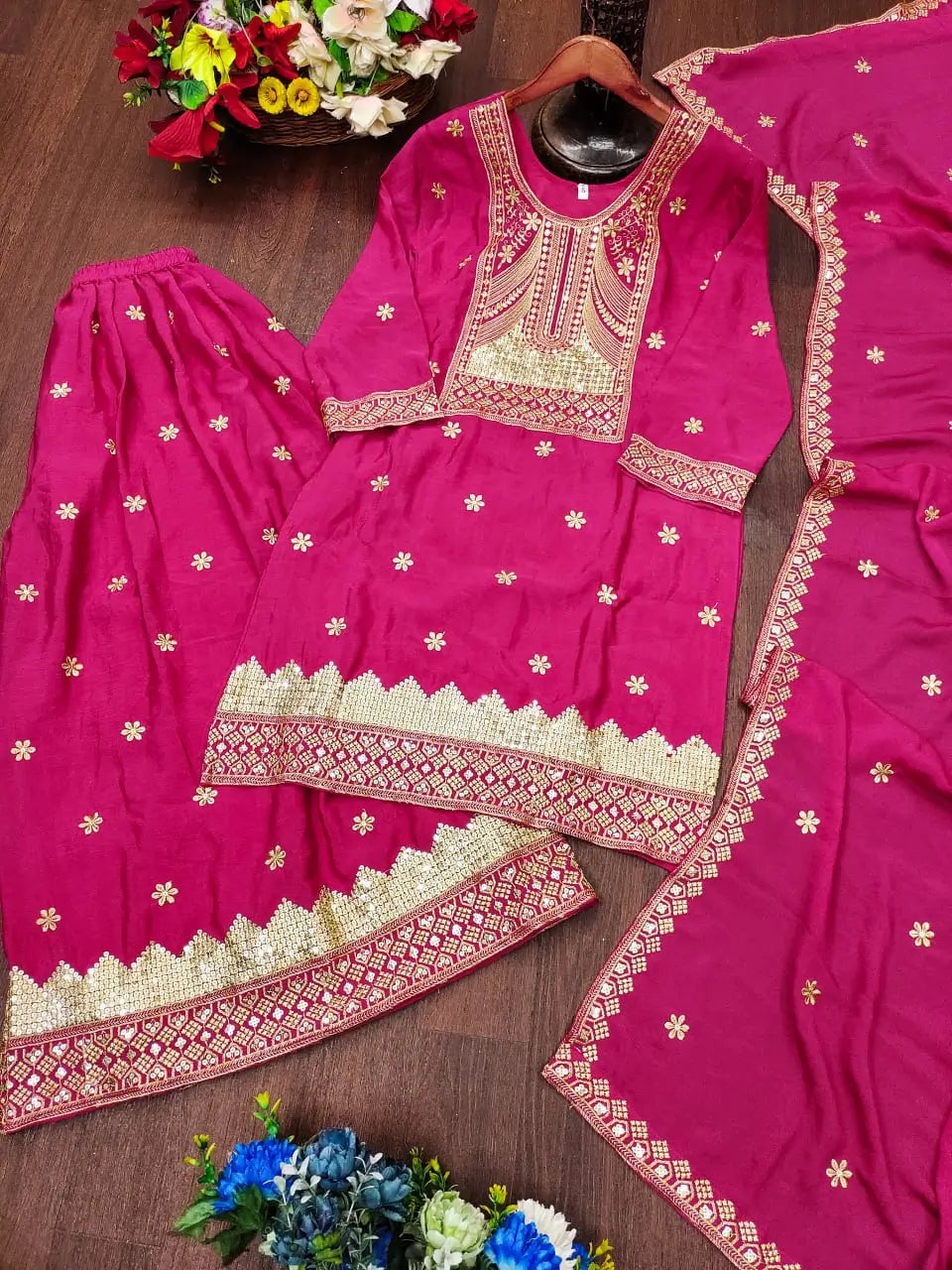 Embroidered Chinon Kurta Sharara Set