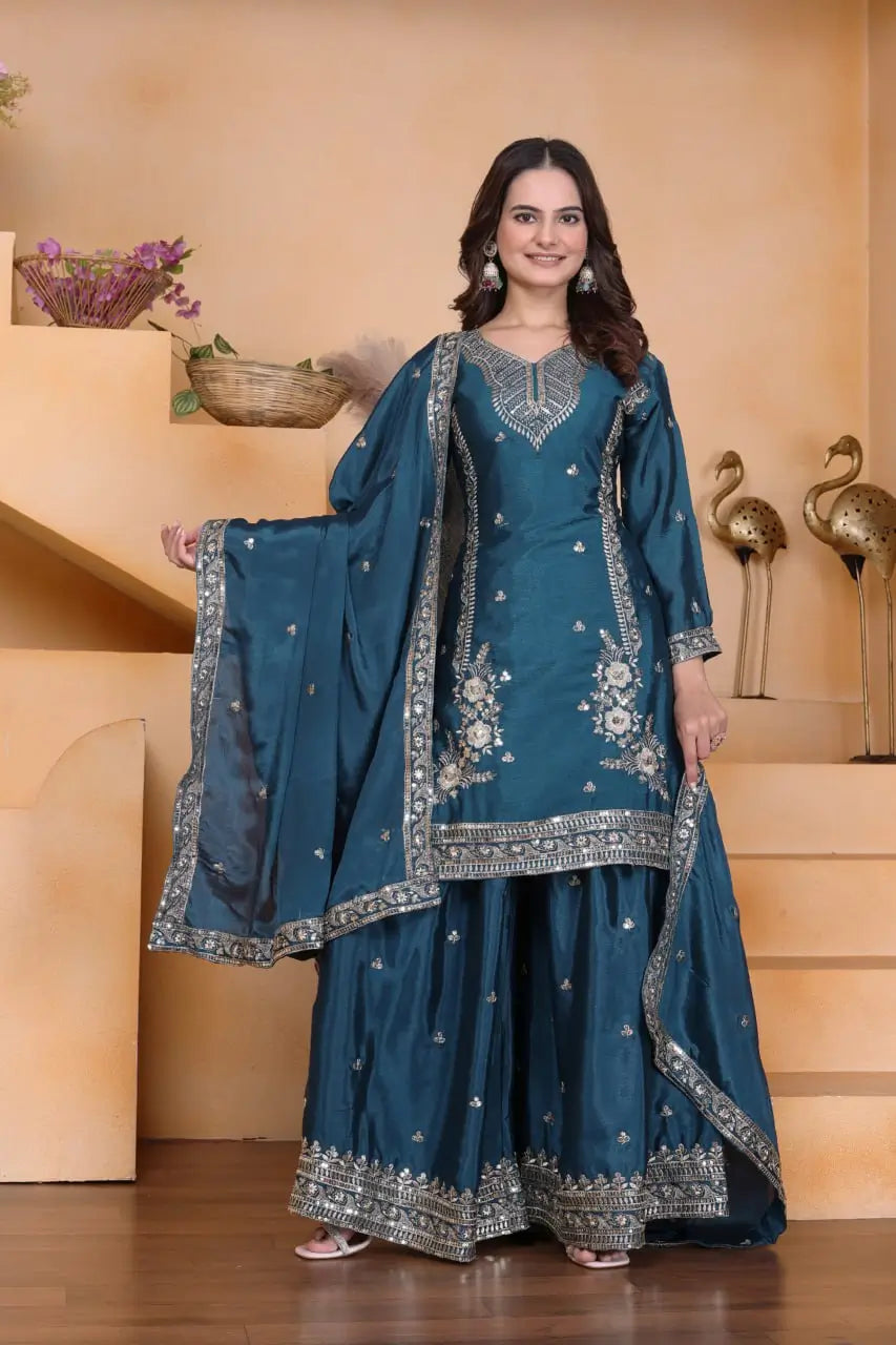 Embroidered Chinon Kurta Sharara Set