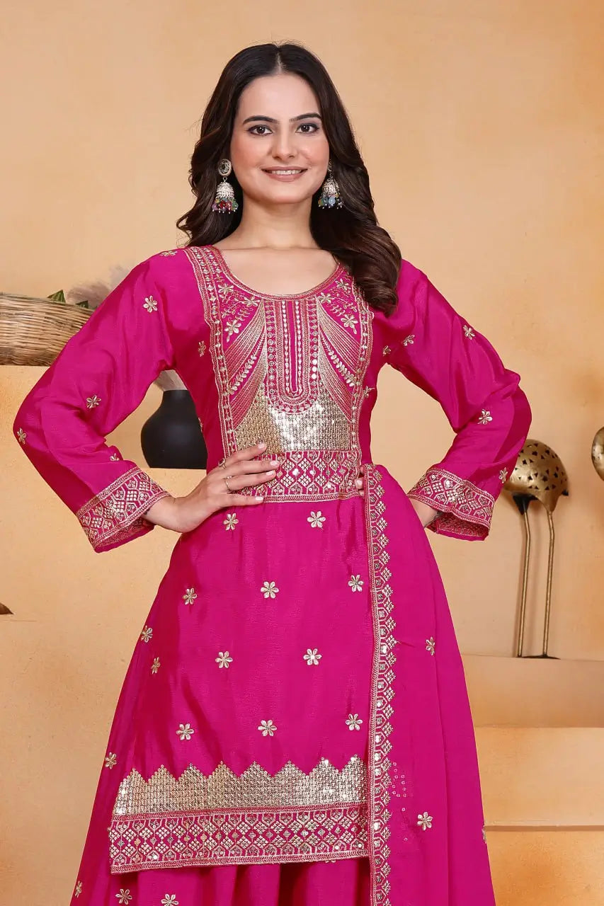 Embroidered Chinon Kurta Sharara Set