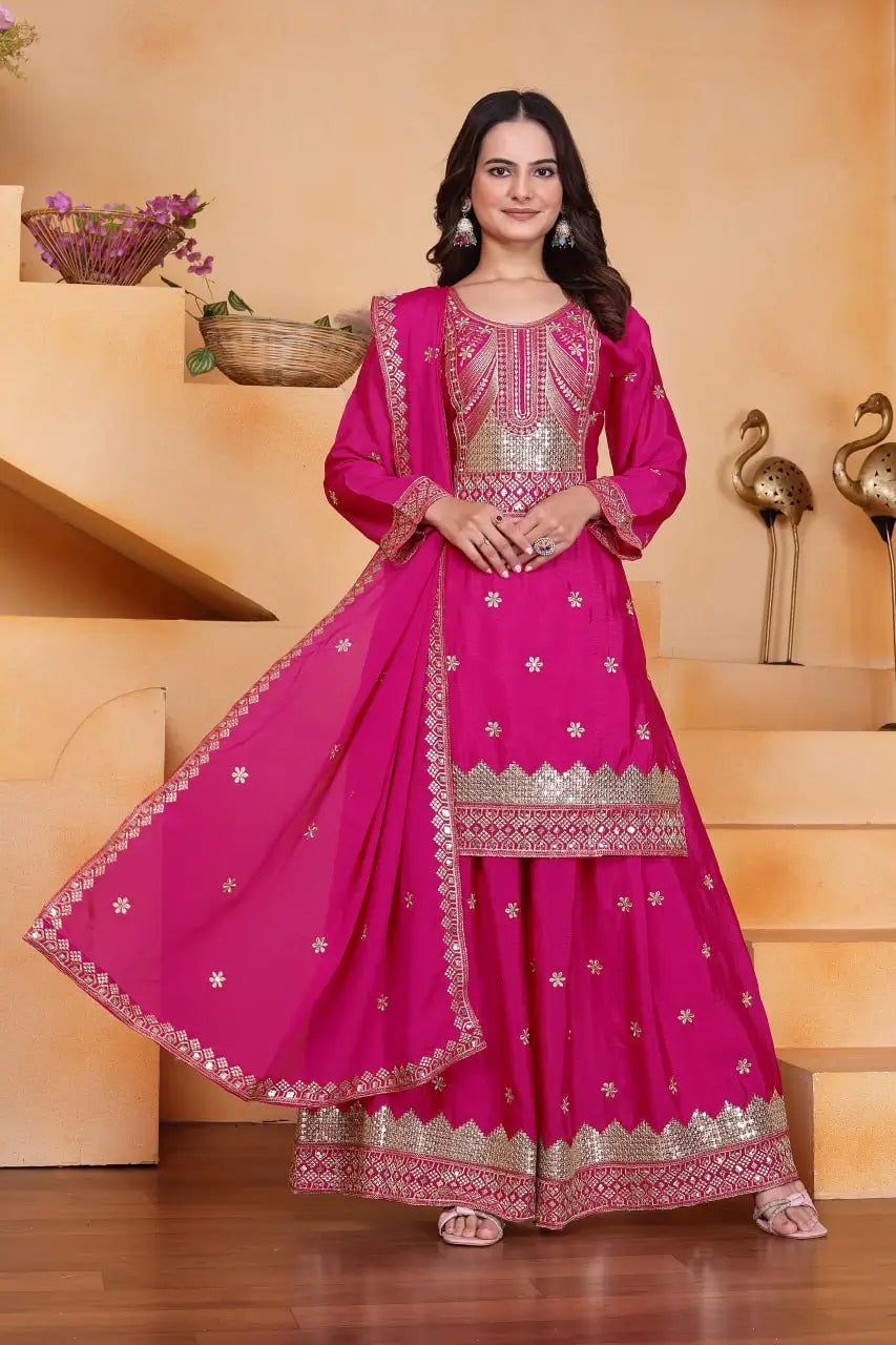 Embroidered Chinon Kurta Sharara Set