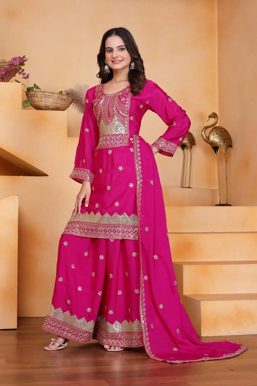 Embroidered Chinon Kurta Sharara Set