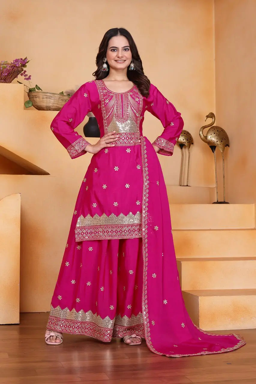 Embroidered Chinon Kurta Sharara Set