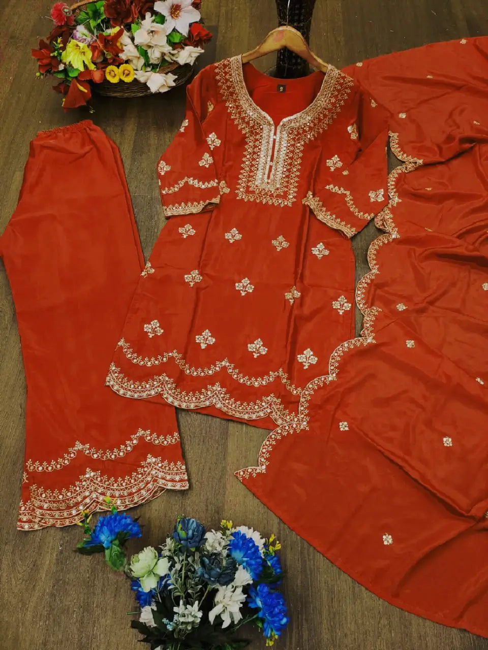 Embroidered Chinon Kurta Sharara Set