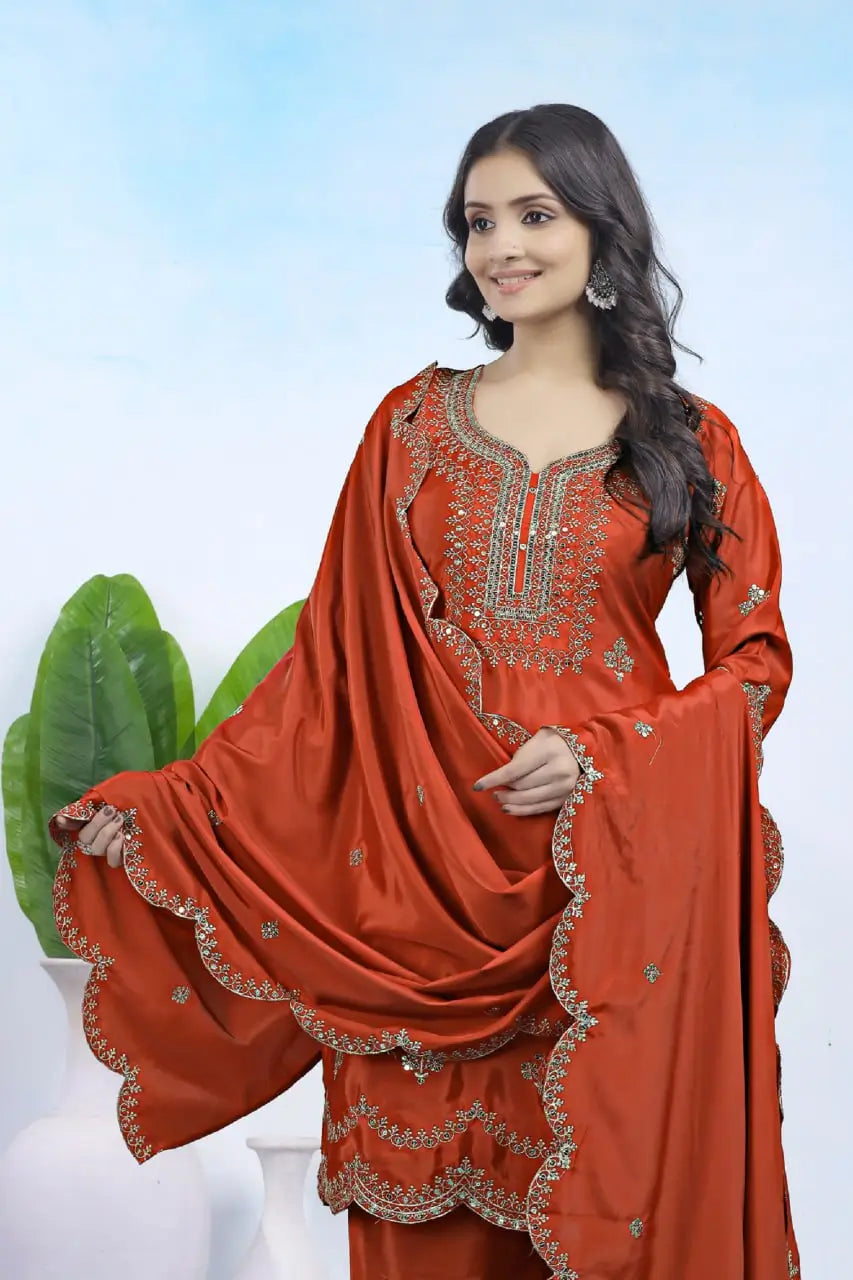 Embroidered Chinon Kurta Sharara Set