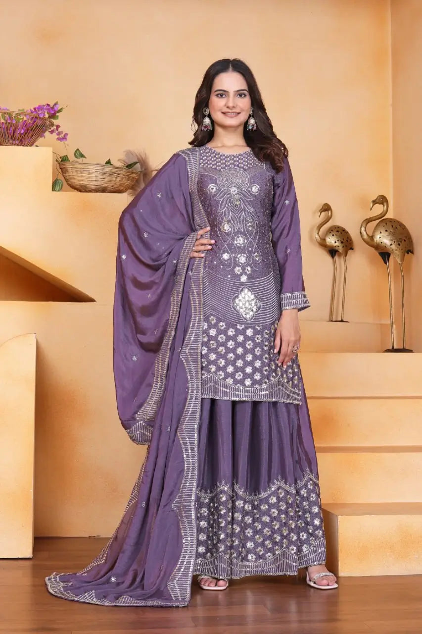 Embroidered Chinon Kurta Sharara Set