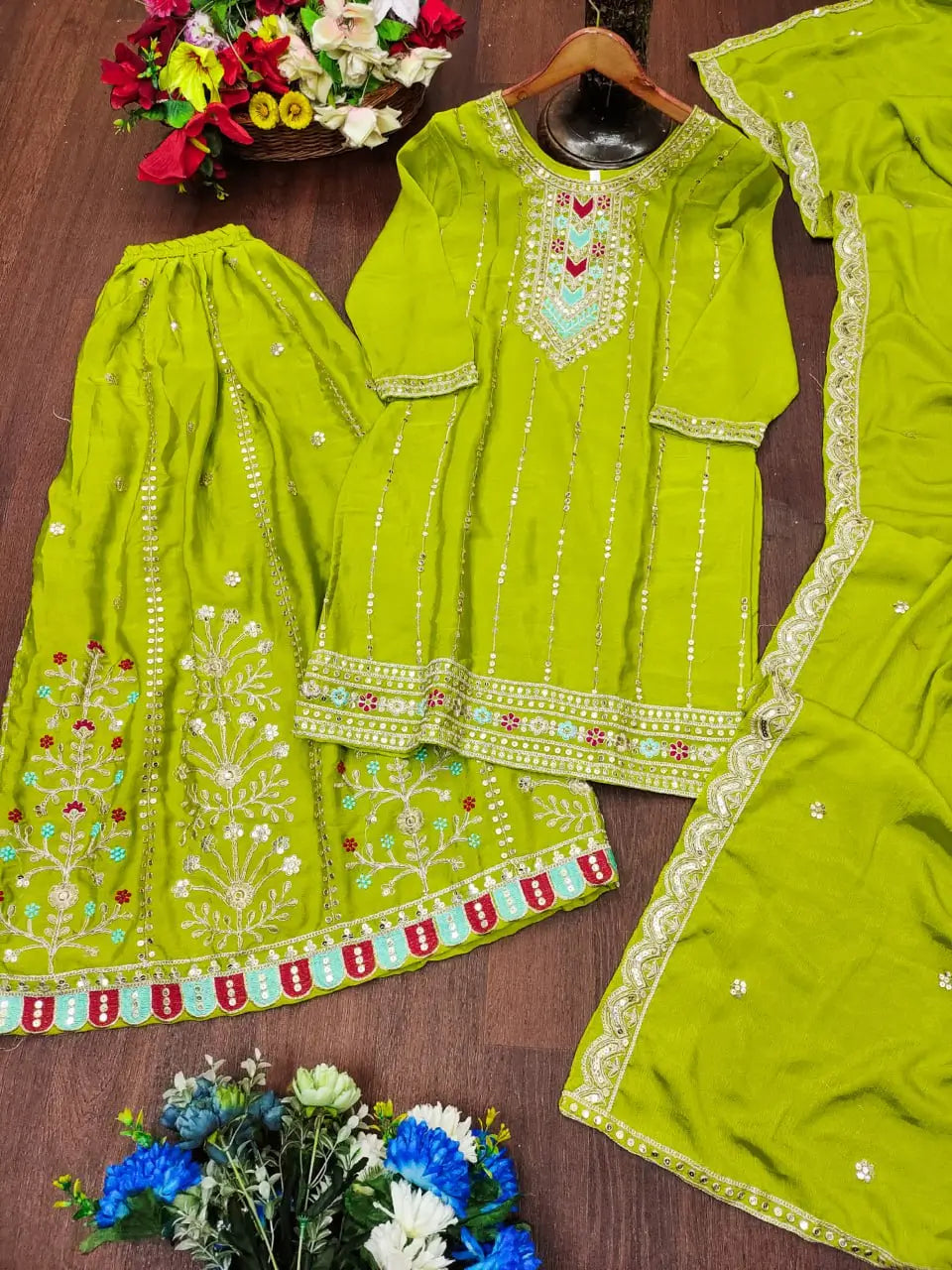 Embroidered Chinon Kurta Sharara Set
