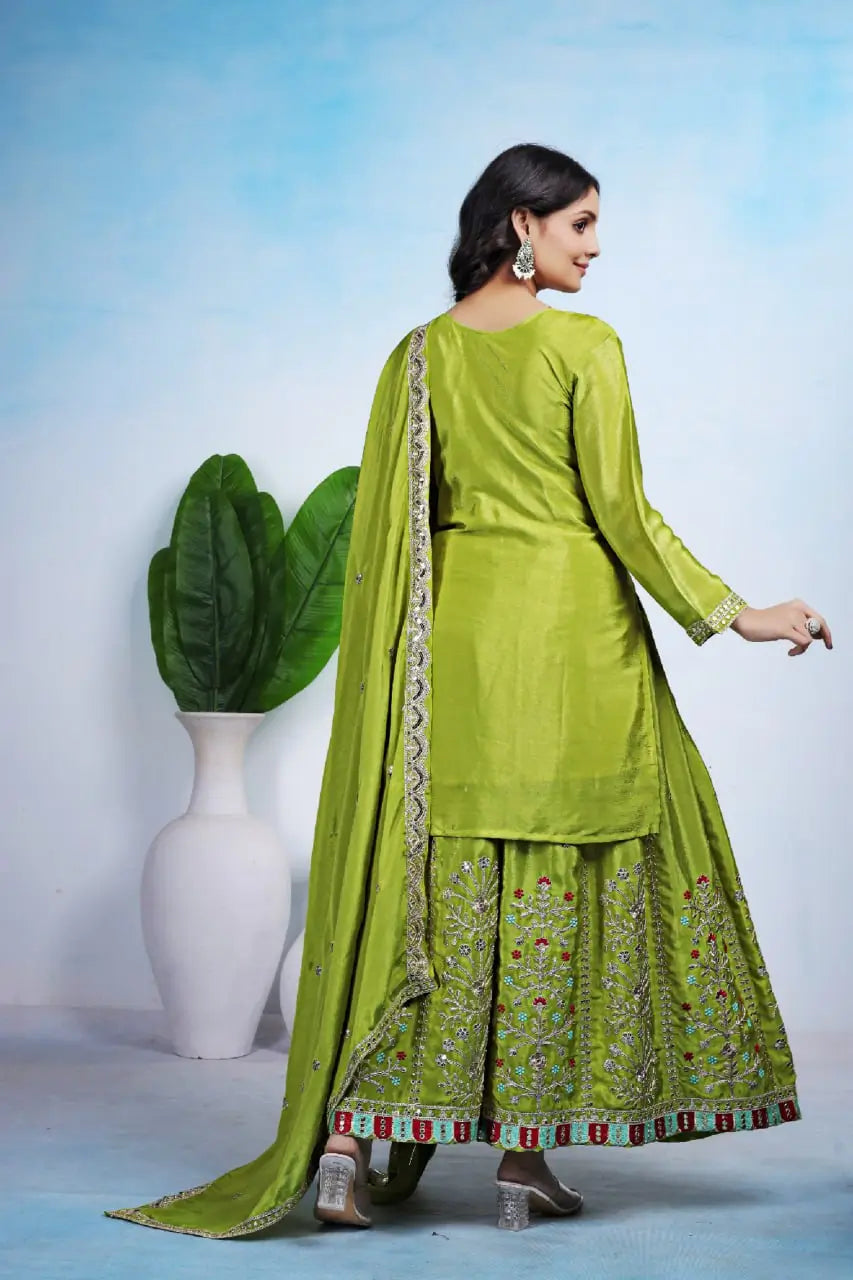 Embroidered Chinon Kurta Sharara Set