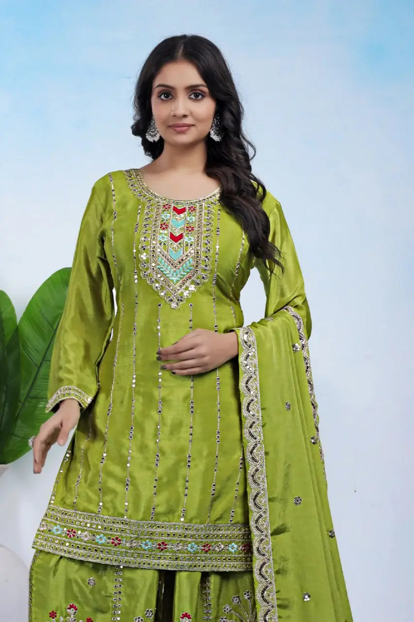 Embroidered Chinon Kurta Sharara Set