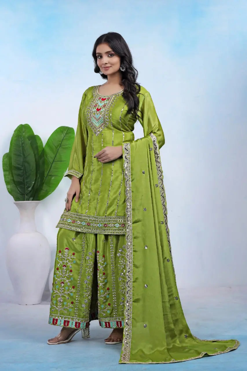 Embroidered Chinon Kurta Sharara Set