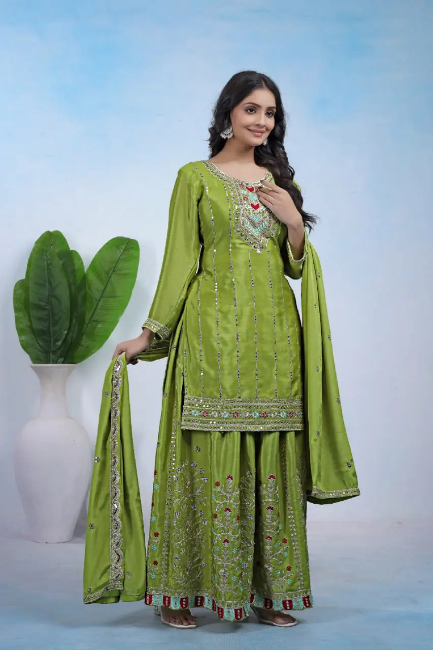 Embroidered Chinon Kurta Sharara Set