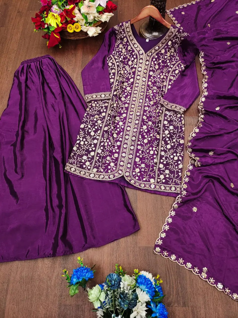Embroidered Chinon Kurta Sharara Set