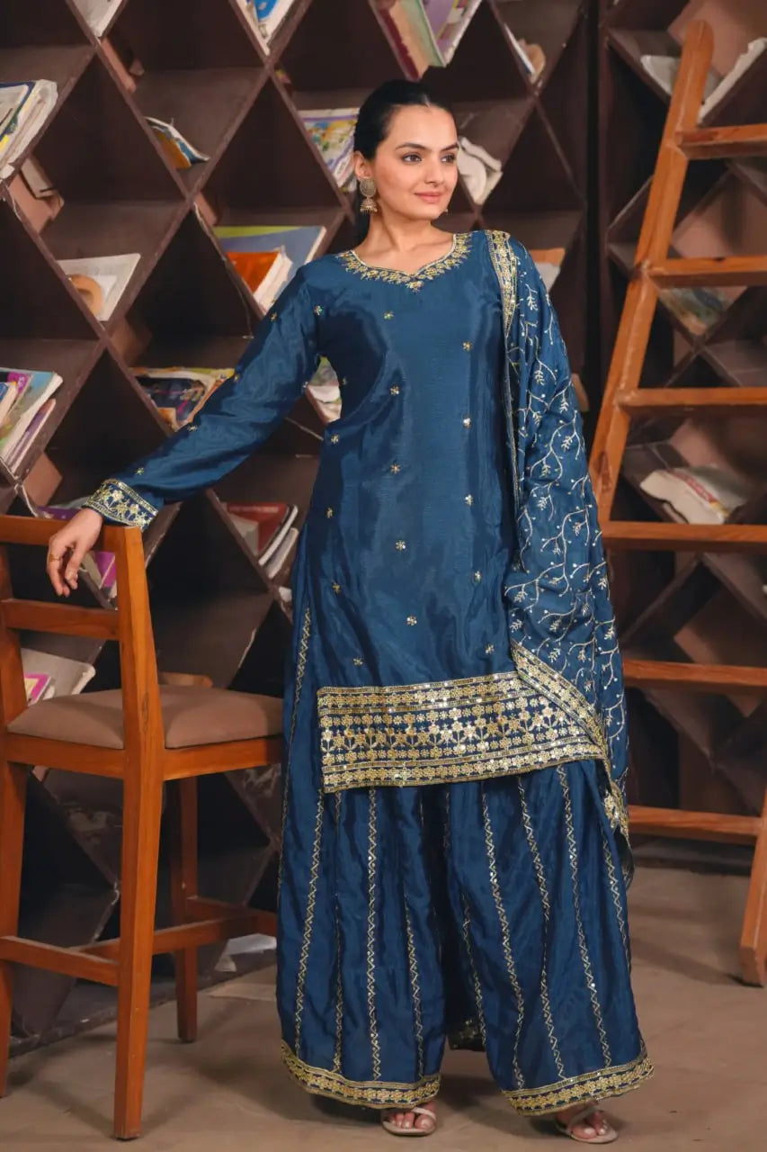 Embroidered Chinon Kurta Sharara Set