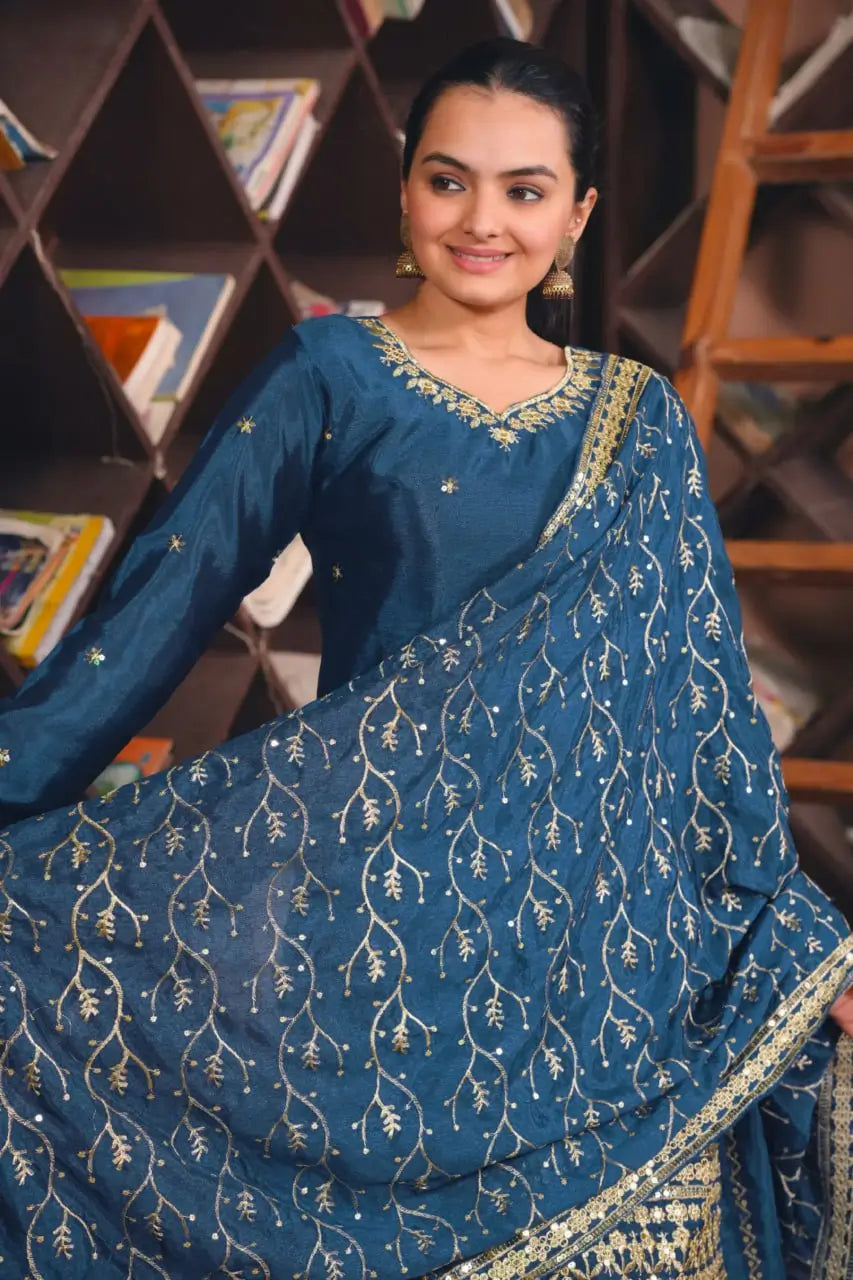 Embroidered Chinon Kurta Sharara Set