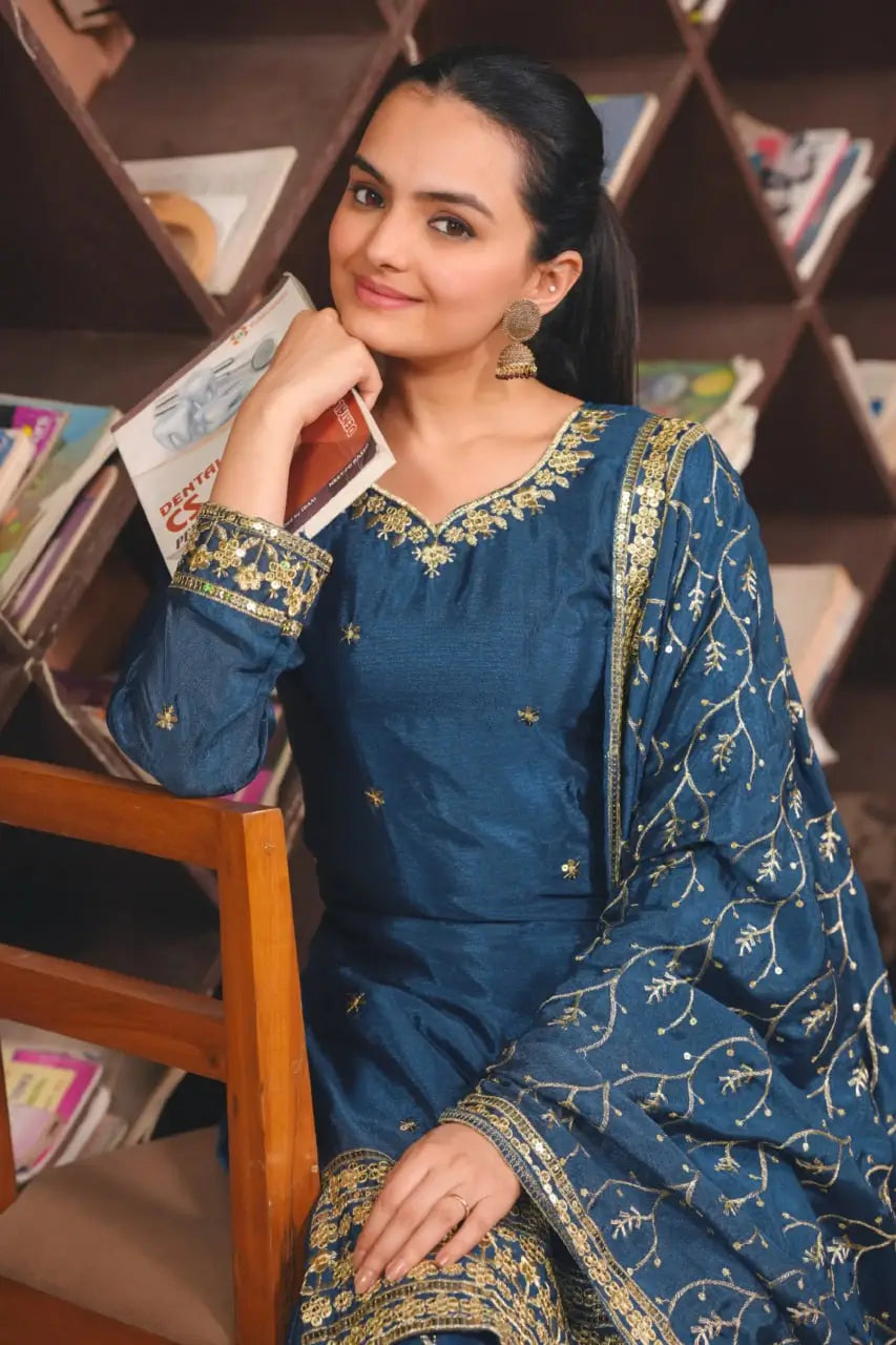 Embroidered Chinon Kurta Sharara Set