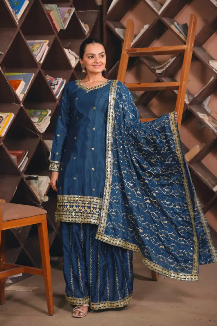 Embroidered Chinon Kurta Sharara Set