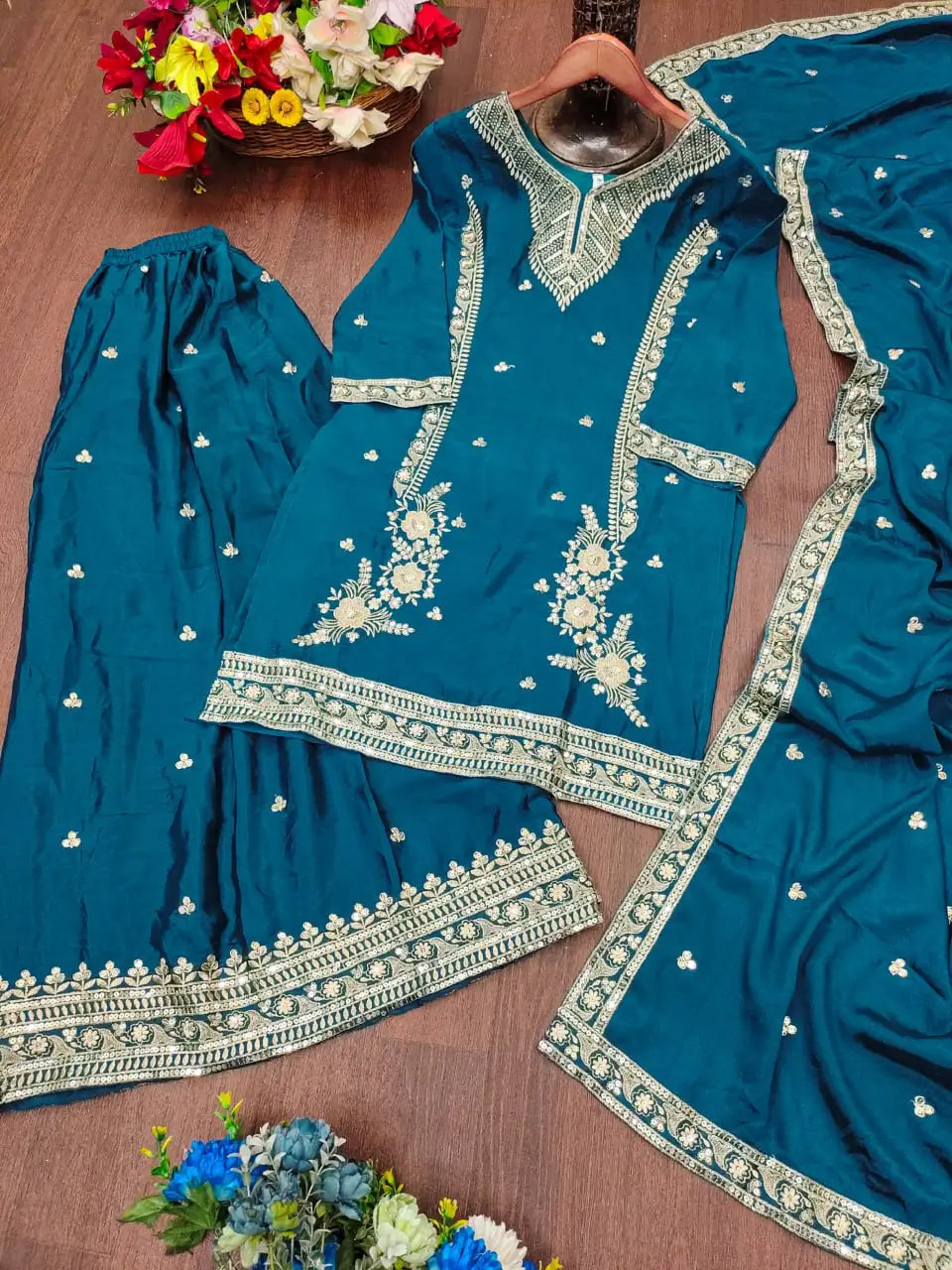 Embroidered Chinon Kurta Sharara Set