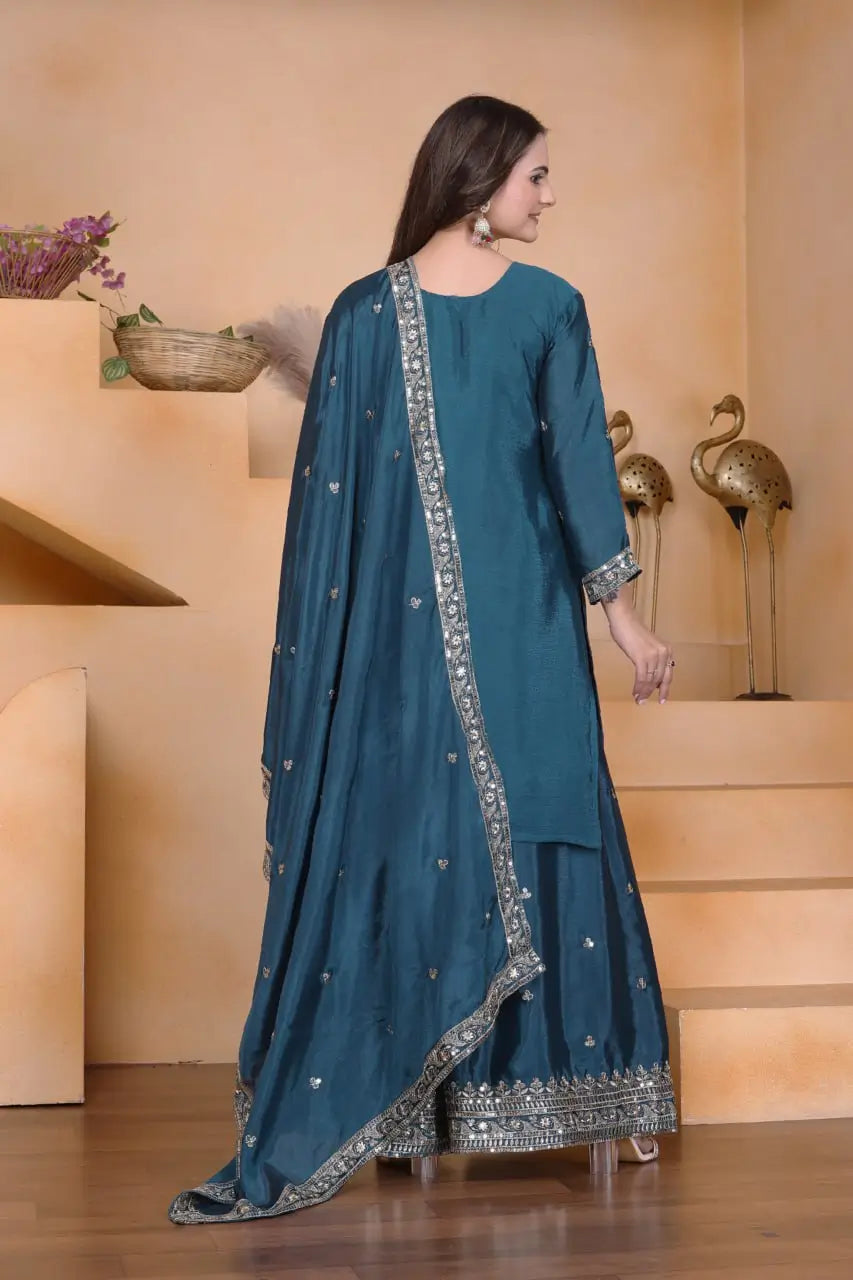 Embroidered Chinon Kurta Sharara Set