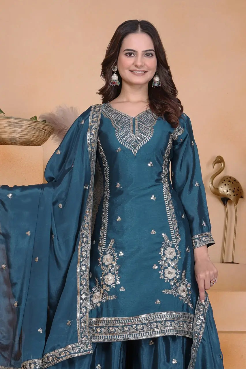 Embroidered Chinon Kurta Sharara Set