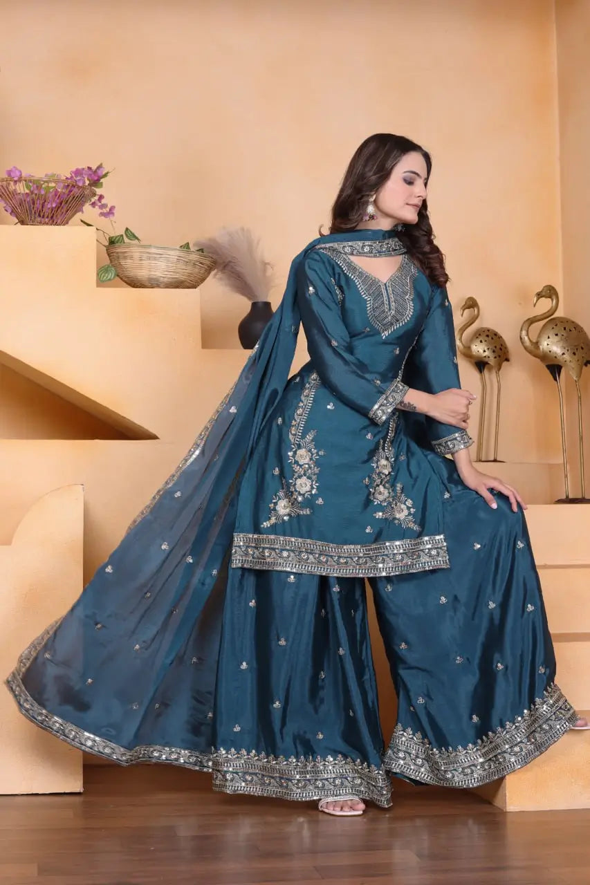 Embroidered Chinon Kurta Sharara Set