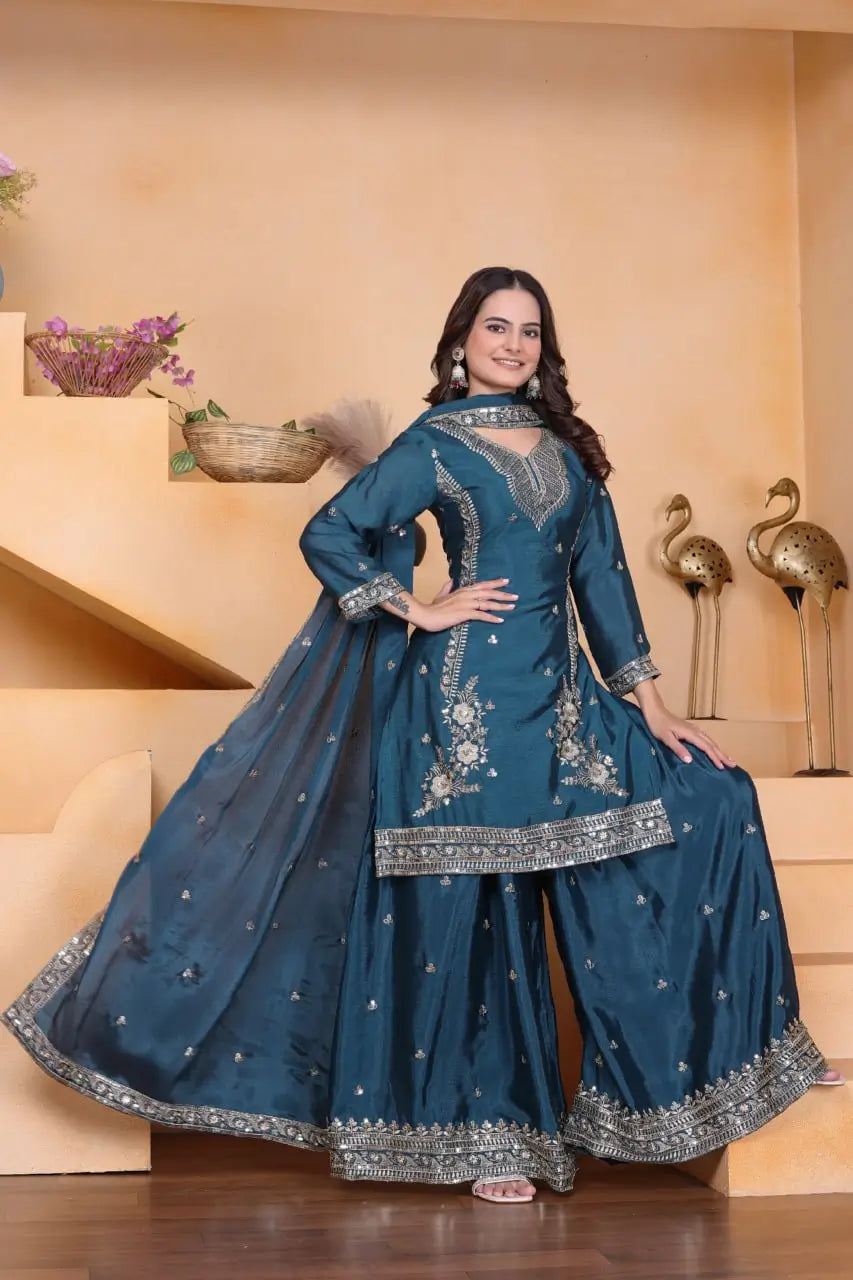 Embroidered Chinon Kurta Sharara Set