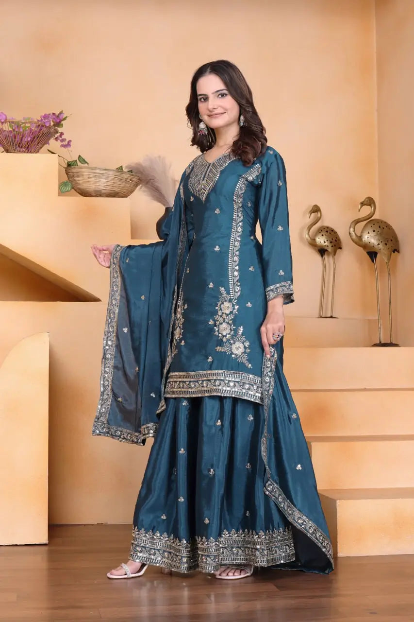 Embroidered Chinon Kurta Sharara Set