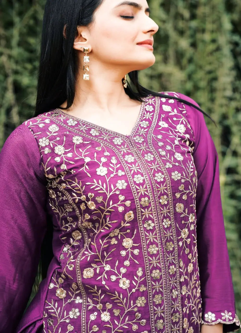 Embroidered Chinon Kurta Sharara Set