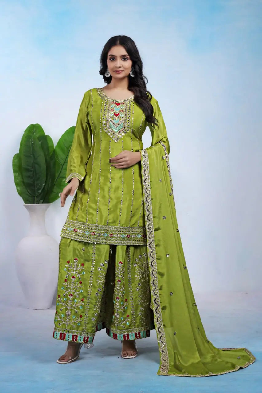 Embroidered Chinon Kurta Sharara Set