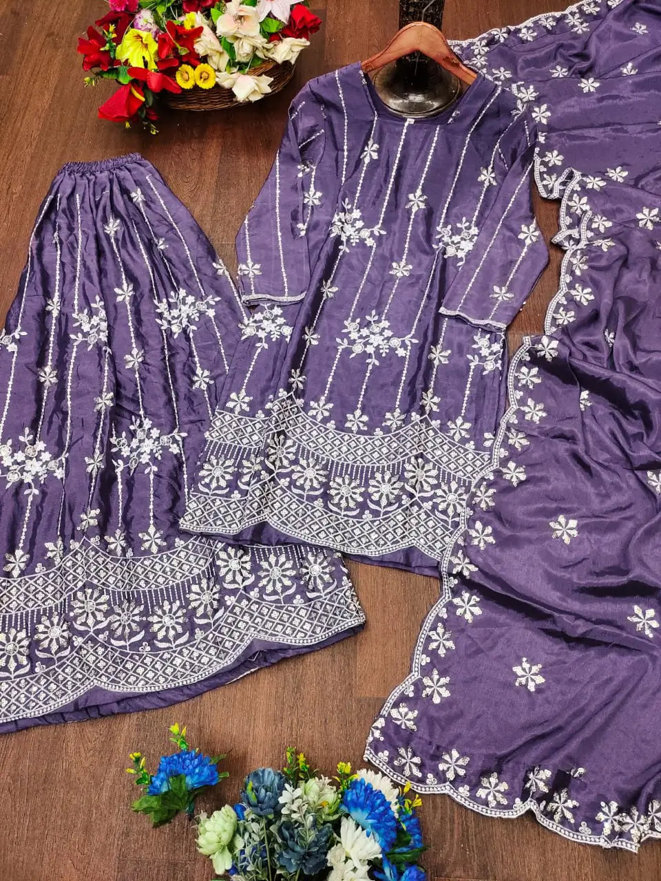 Embroidered Chinon Kurta Sharara Set