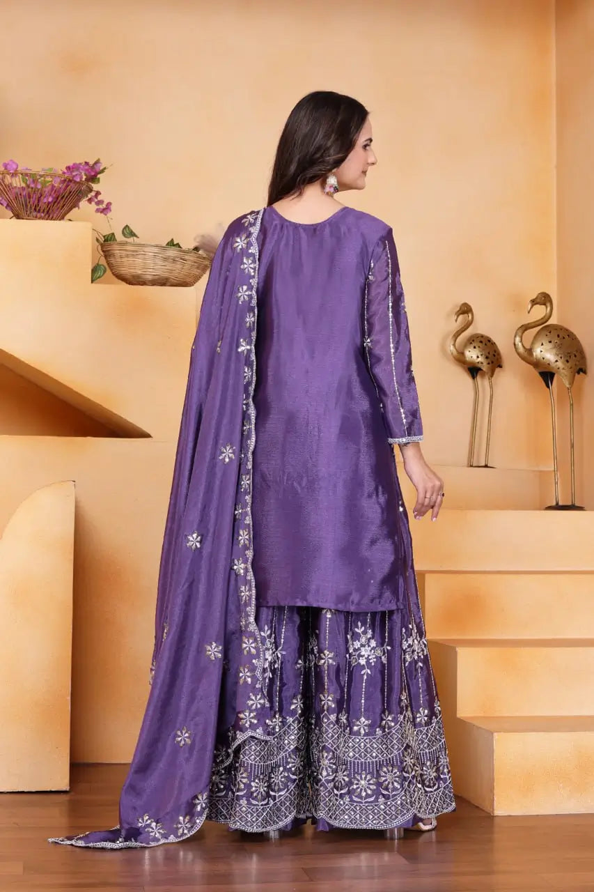 Embroidered Chinon Kurta Sharara Set