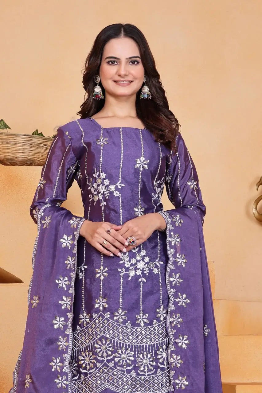 Embroidered Chinon Kurta Sharara Set