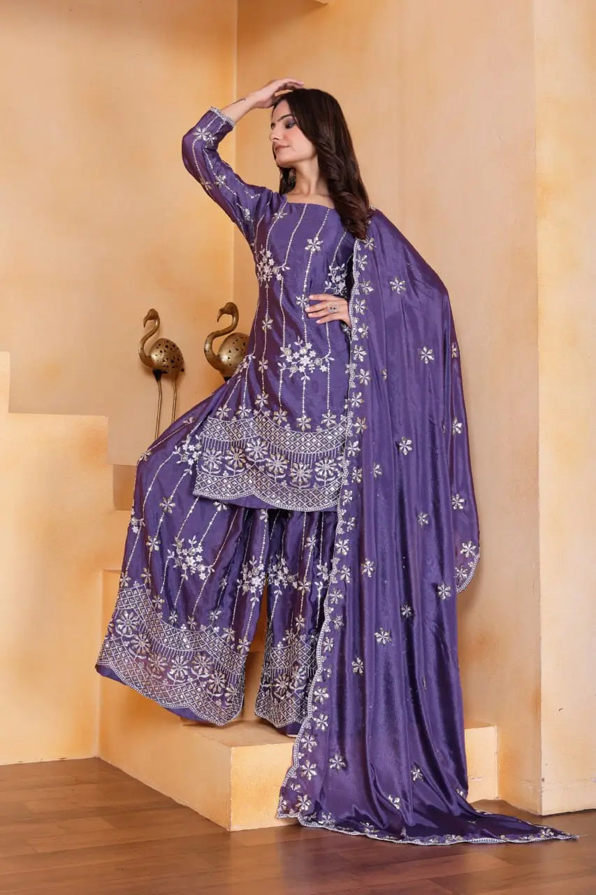 Embroidered Chinon Kurta Sharara Set