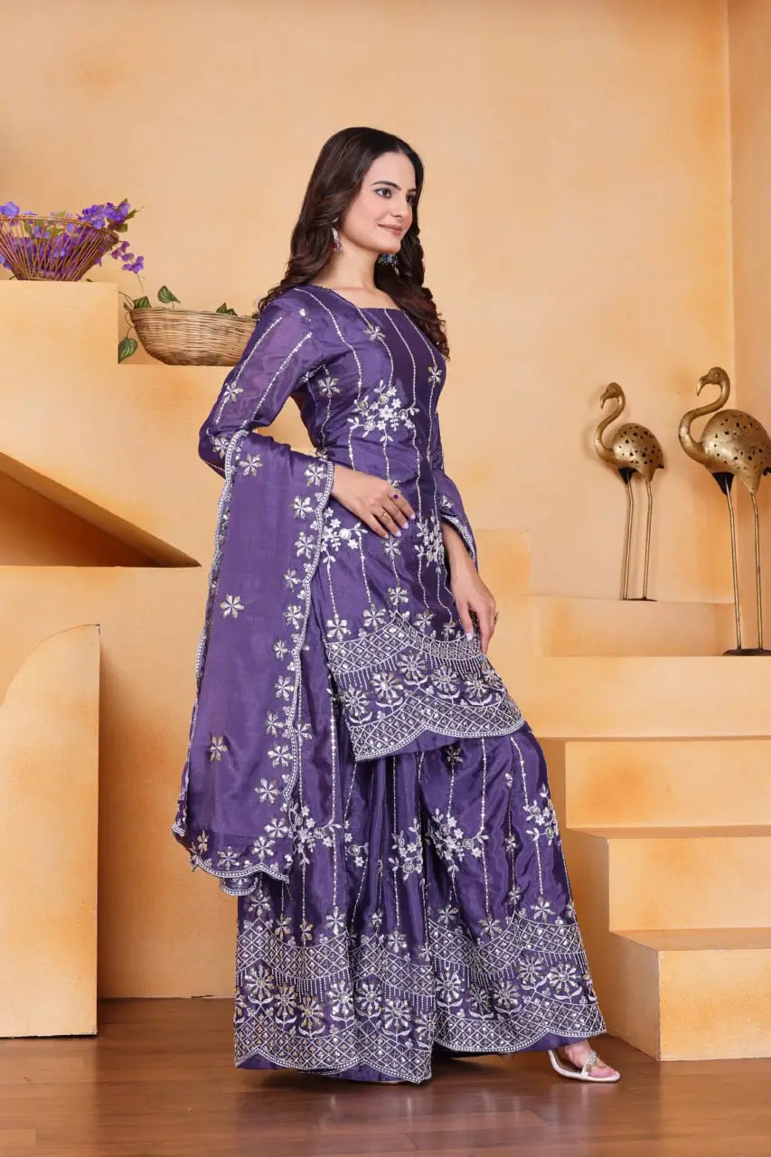 Embroidered Chinon Kurta Sharara Set