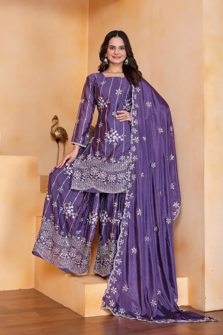 Embroidered Chinon Kurta Sharara Set