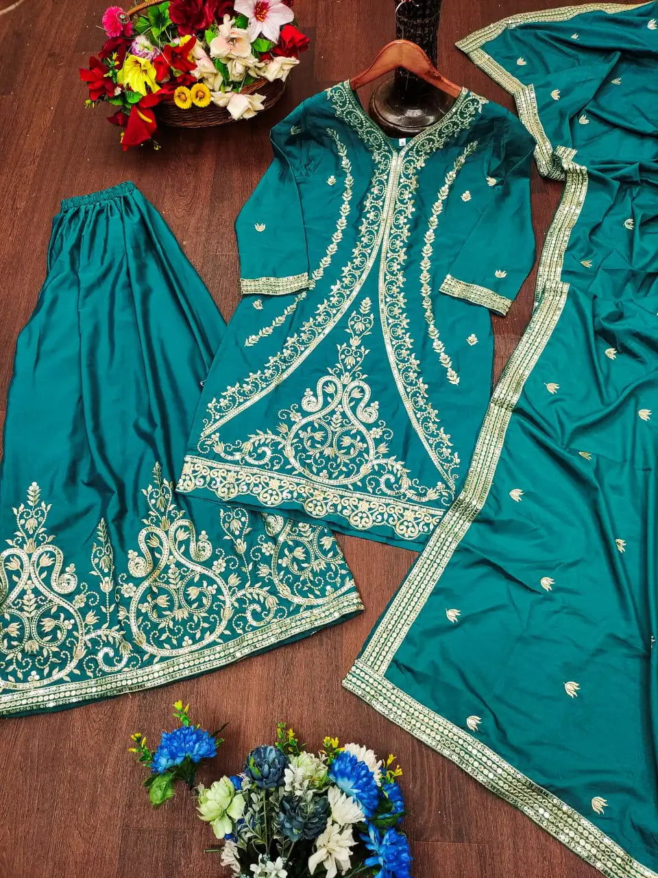 Embroidered Chinon Kurta Sharara Set
