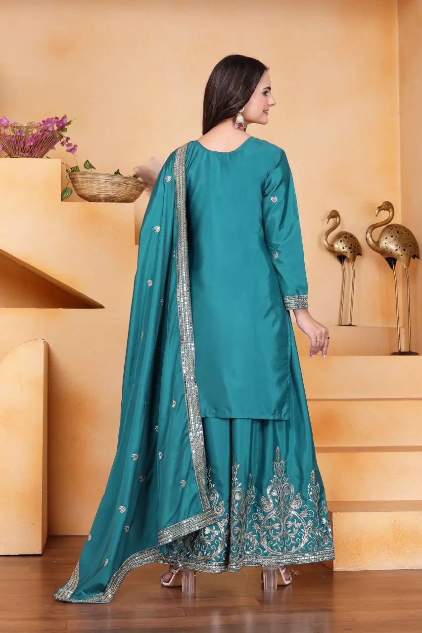 Embroidered Chinon Kurta Sharara Set