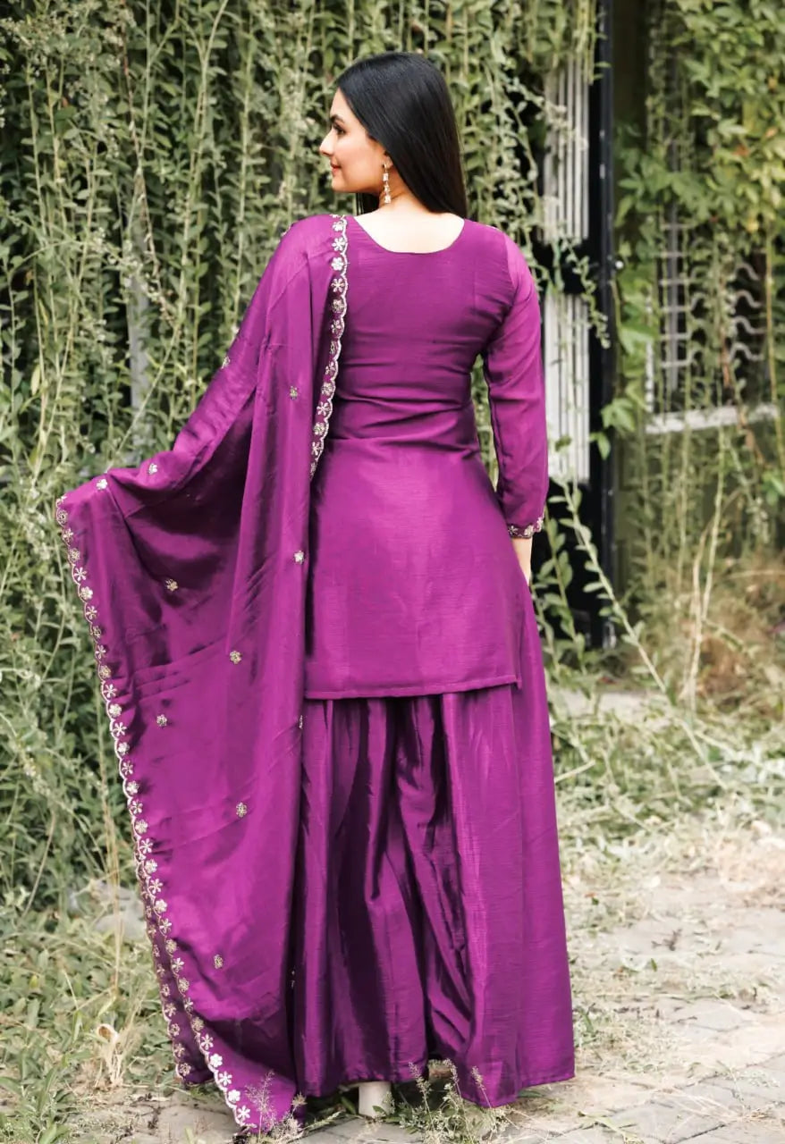 Embroidered Chinon Kurta Sharara Set