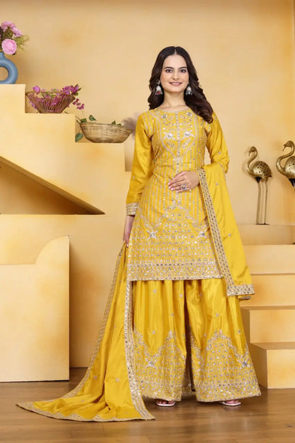 Embroidered Chinon Kurta Sharara Set