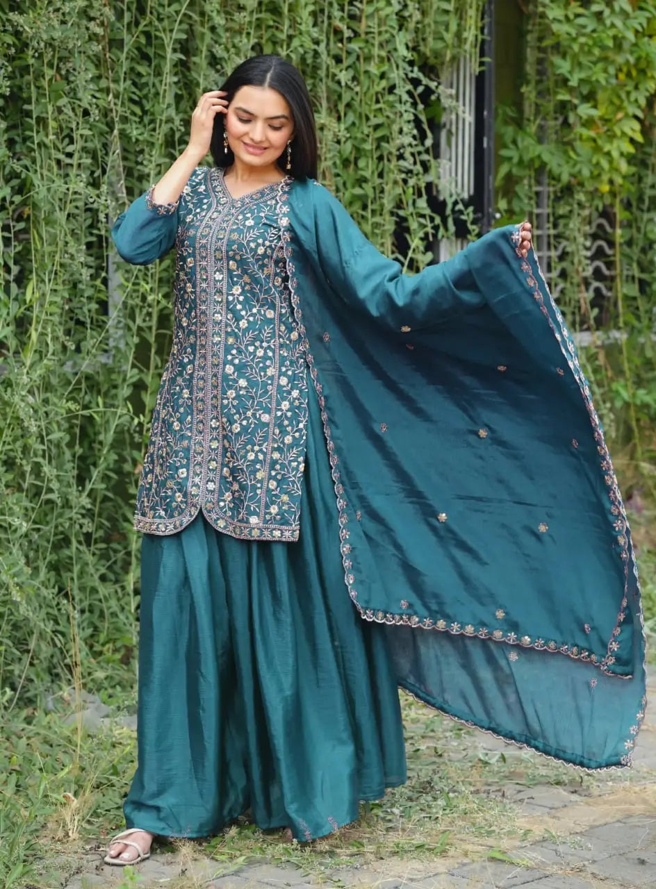 Embroidered Chinon Kurta Sharara Set