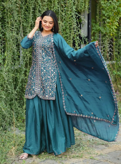 Embroidered Chinon Kurta Sharara Set