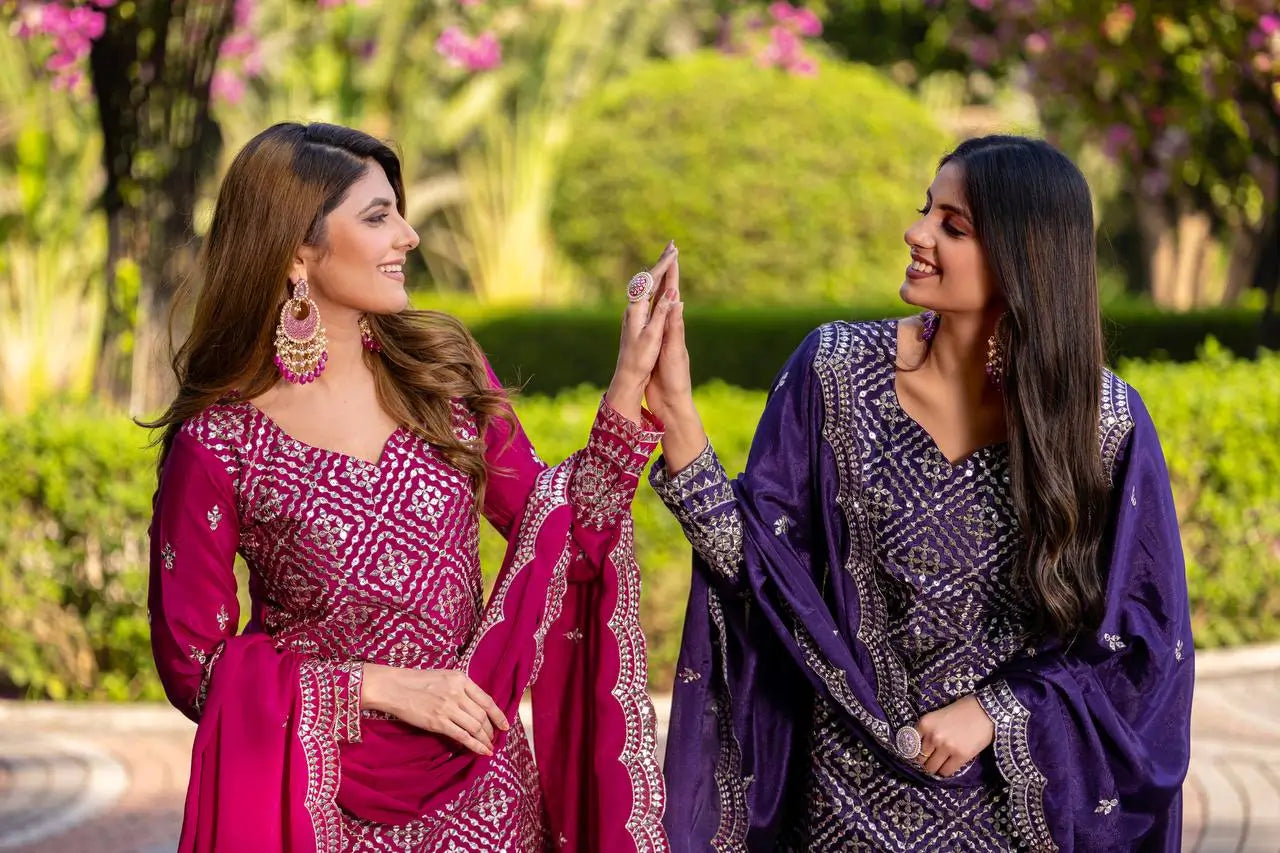 Embroidered Chinon Kurti Palazzo Set