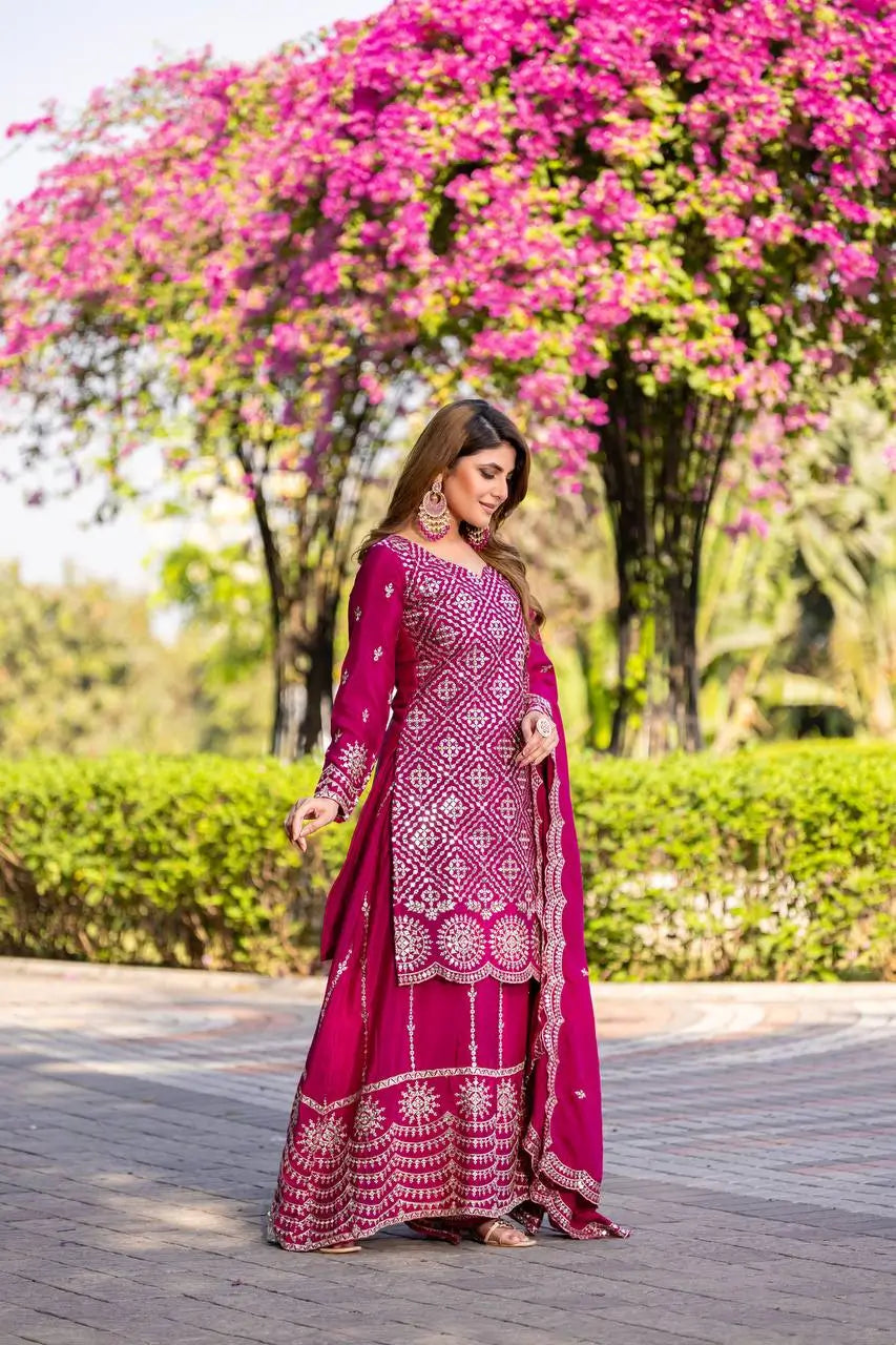 Embroidered Chinon Kurti Palazzo Set